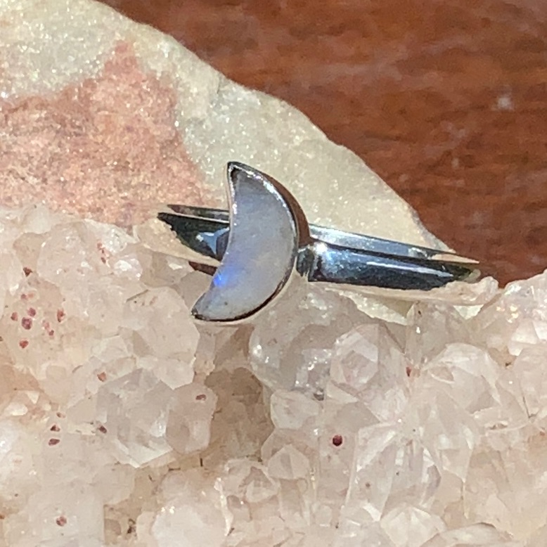 Rainbow Moonstone Crescent Moon 925 Sterling Silver Ring, Size 8.5